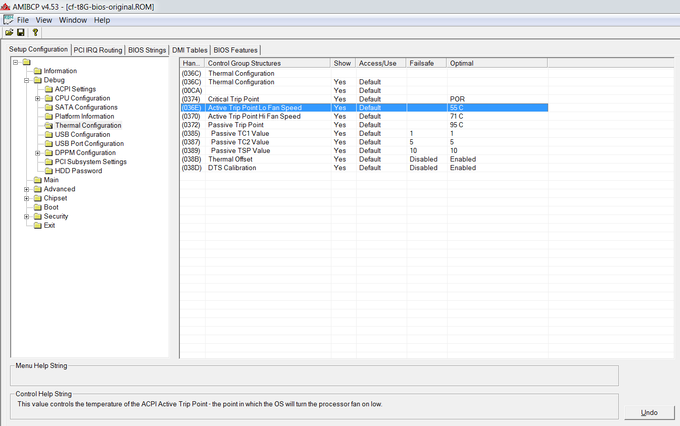 Now open AMIPCB and go to &quot;File/Open&quot; and select the file which u created with AFUWIN on the thumb drive. Then go to this point Debug/ThermalConfiguration/ActiveTripPointLOFanSpeed and set it to 55. This is where ur fan comes to idle.