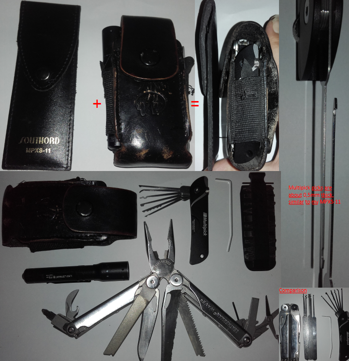 - leatherman premium holster<br />- - leatherman wave + scredriver bitset<br />- - led lenser flashlight<br />- - multipick